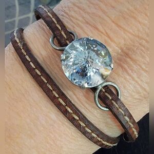 #Sabika SS18 Brown Leather Stitched Band Slide Wrap Mega Bubble Blue Grey Stone